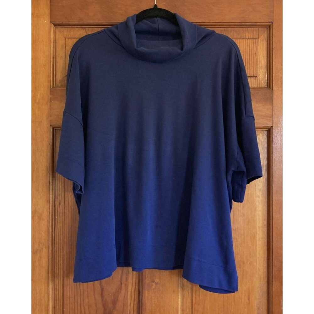 Lands‎ End Womens 1X 16-18 Navy Blue Cowl Neck Boxy Short Sleeve Cotton Top